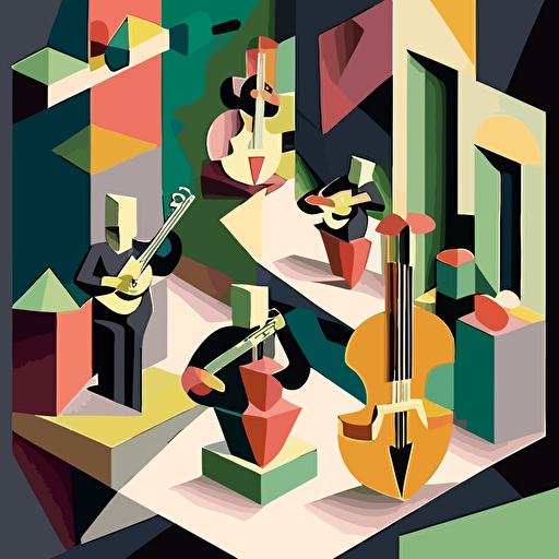 Inspired by Pablo Picasso's Cubism, create a vector illustration of a lively music concert where the musicians, instruments, and audience are depicted using geometric shapes and a limited color palette. Set the scene in a modern-day setting.