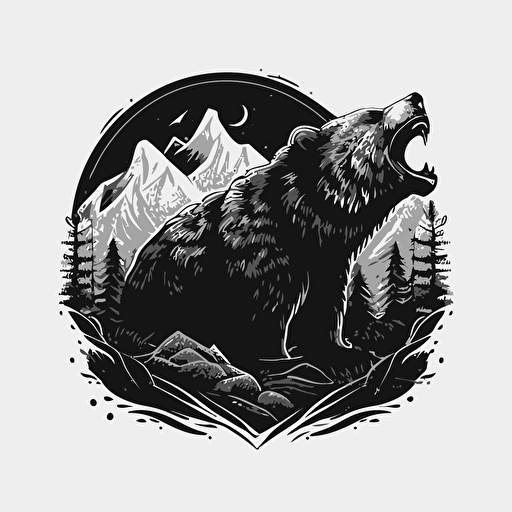 An emblem logo for a angry bear::mountains in the background, simple, black and white, vector
