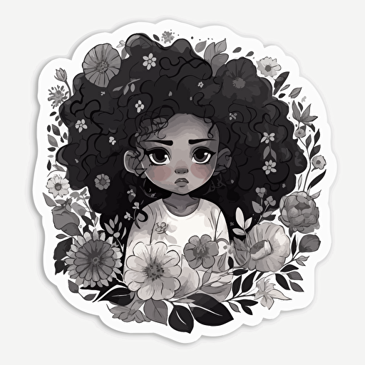 little black girl surrounded by flowers Beautiful Gothic Fantasy, Watercolour cartoon, minimalistic illustration, in black and white vector, sticker