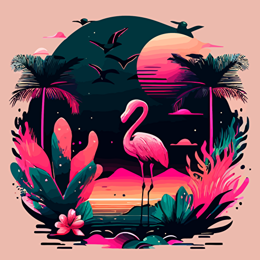 frontpage vector illustration::toucan and flamingo singing together::vaporwave colors, colorful, no background color