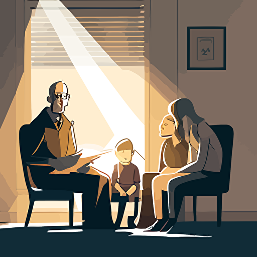 Subject: a family sitting in a waiting room of a psychotherapist’s office, with nice light coming in through the window and a mixture of apprehension and relief on the families faces, in the style of children's vector illustrators v 5 aspect ratio 9:16