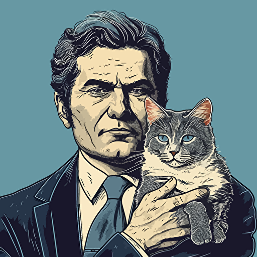 vector art style, 45 year old persian male executive, holding a cat, in the style of Michael Parks
