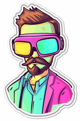 a sticker of a cartoon colored illustration of man in VR, bright pastel colors, vector art, concept art