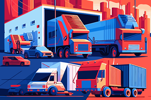 a packaging factory, pick up trucks, logistics, vector art style, blue and red colour scheme,