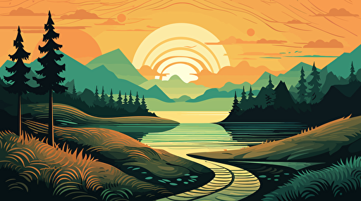 vector illustration of Landscape with trees , a mountain, a lake, multiple paths leading into the horizon.