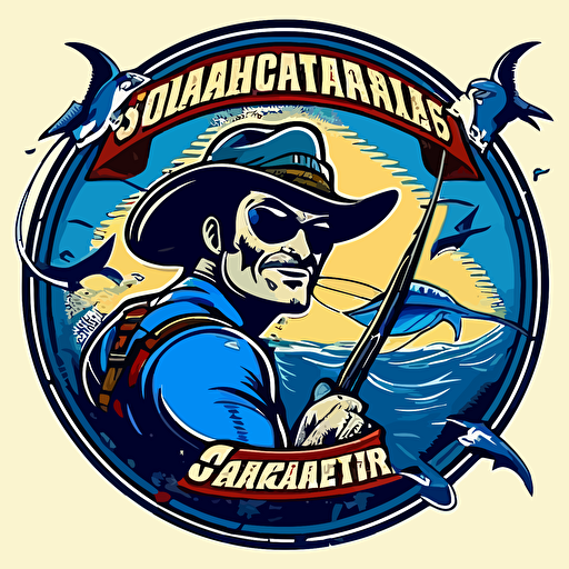 Logo retro design for an offshore fishing and boating charter company called "Saltwater Cowboy Charters" that features a panoramic battle with a superman comic book style cowboy smilling wearing sunglasses, holding a fishing pole, riding on top of a cartoon style blue marlin, flat, vector, 2D