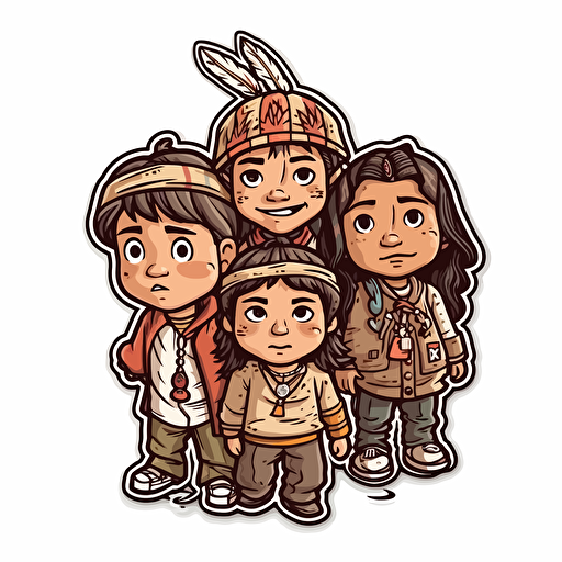90's little rascals as native americans, sticker, Kawai, contour, dibujo digital, vector, White background