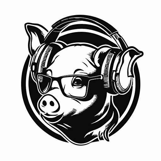 illustration of a pig for a dj logo, Paul Renner style, white background, black and white, vector style, the focus is in the face of the pig, using a headphones in his ears, informal teen style