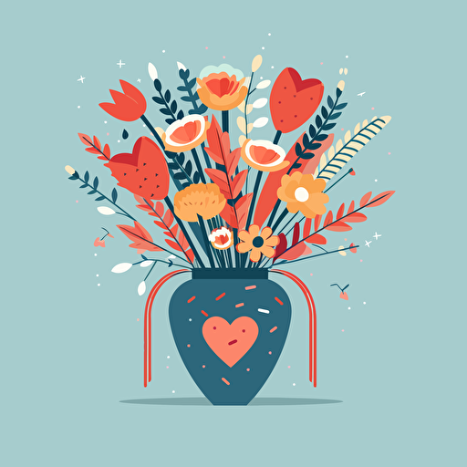 bouquet of Valentine's flowers with an arrows stuck the vase in a vector art cartoon style, flat color, solid background