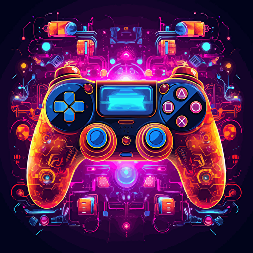 game controller, surrounded by information motifs, 2d vector, neon colours, epic composition, vector design on the edges of the image