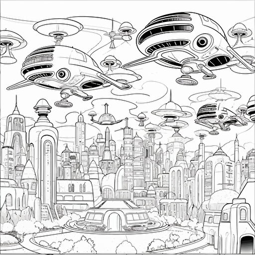 Futuristic City. Many Flying Cars. Black and White. Cartoon. Coloring page. Vector. Simple.