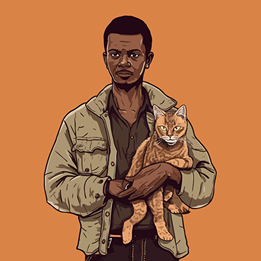 vector art style 28 year old namibian man, holding a cat, in the style of Micheal Parks