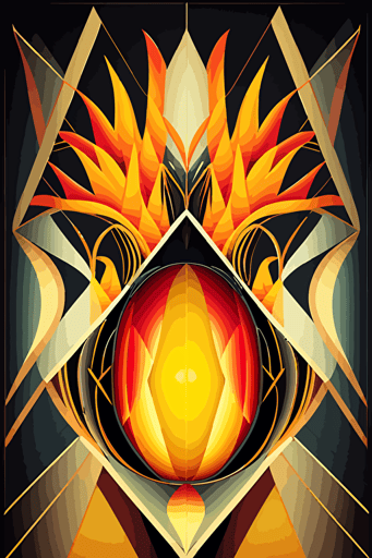mango inferno, symmetry, symmetrical, Neo-Cubism, layered overlapping geometry, geometric fauvism, layered geometric vector art, maximalism; V-Ray, angular oil painting