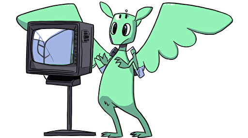 Goofy robot with with wings holding a television, Sticker, Adorable, Tertiary Color, Pixar, Contour, Vector, White Background, Detailed::