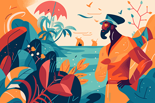 On a tropical island, the captain is celebrating the discovery of treasure on the beach, with hostile native people visible in the background, ready to attack him. This is an expressionist style of Picasso, minimalist shapes vector style and featuring bright colors.