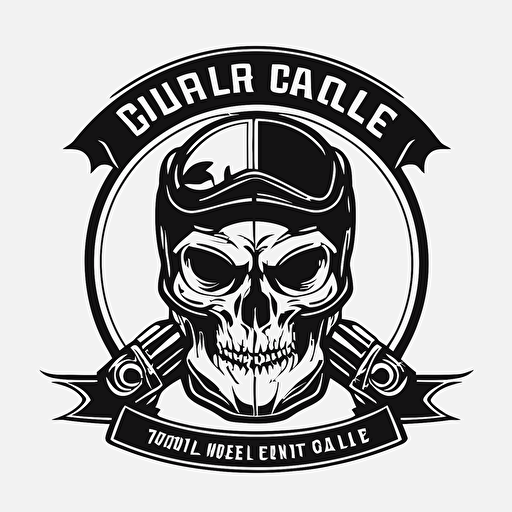 motorcycle club logo, Cafe racer and skeletor, simple vector, black and white