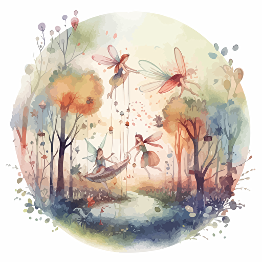 watercolor design of fairies flying around an enchanted forest, cute, whimsical, for kids, in pastel hues, highly detailed, vector