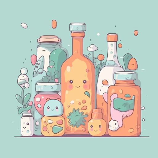 medicine illustrations with pills, pastel colors, studio ghibli, flat vector illustration