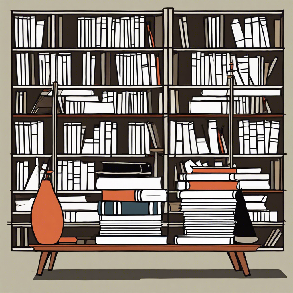 Quiet library corner with stacked books, illustration in the style of Matt Blease, illustration, flat, simple, vector