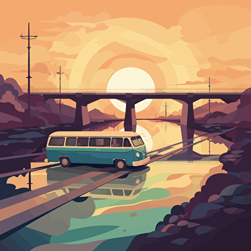 Minimalistic, Vector volkswagen bus T2 1978, Pop art deco noveau, flat 2d vector design, pastels, landscape art, city skyline with rivers and bridges and rolling hills, sunrise, volumetric, Natural color scheme, Digital art, Flat, Opaque colors, Octane render, Volumetric lighting, Clean linework, Muted color palette, Hard shadows, Kilian Eng,