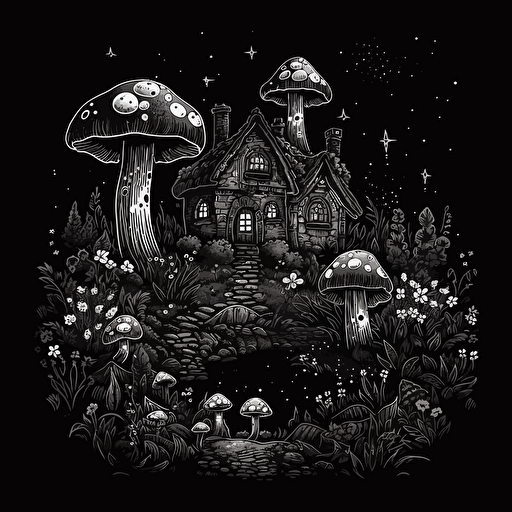 Cabin mushroom forest cottagecore vector design on black background