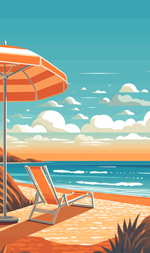 beach with greek element, sky, orange and blue, vector art style,