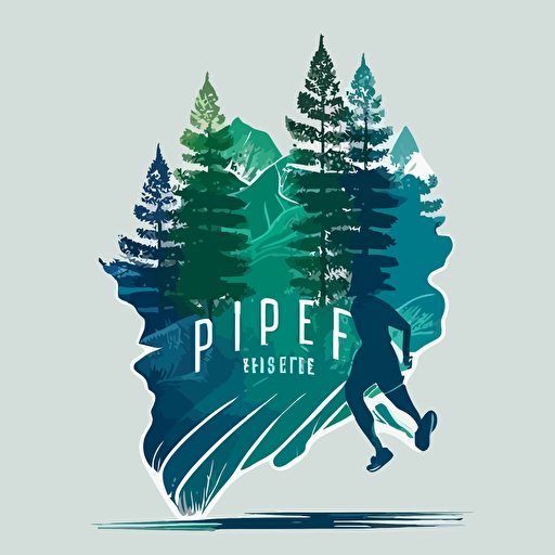 vector logo style pepole running in front of mountain pines blue and green