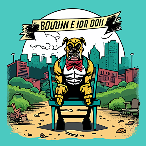 a human boxer dog mascot in street clothes, sitting in a chair facing front in the middle of the scene, in a vacant area, in the woods, large hill/mound in background, abandoned, large broken signage, shrubs, trees, bushes, roses, with a city landscape in the background, broken carnival rides, a demon spirit looking over the broken signage, vector logo, vector art, cartoon