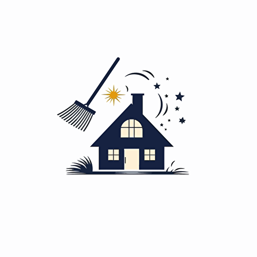 logo, cleaning service, vector, simple, minimalist, modern, white background, broom, stars, house, window**