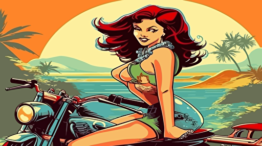 Disney cartoon style, pin up girl with a chopper motorcycle, contrast colors, shadows, good vibes, happy, tropical, vector