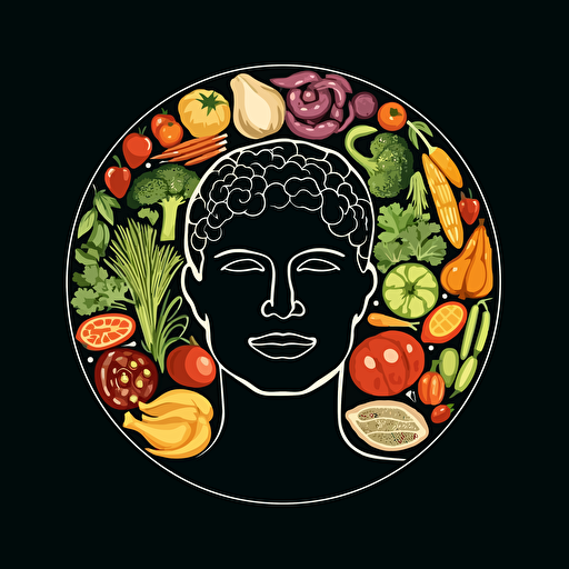 Retro iconic logo of a mind full of a variety of healthy meats, veggies, and carbs, white vector, on black backgroung