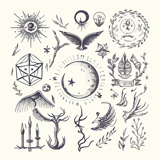 mystical magical symbols, hand drawn vector, white background