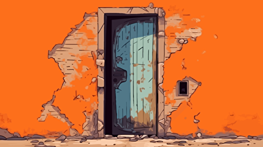 vector illustration, door in the widdle of an old orange decrepit wall, 2d animation, anime, vector image