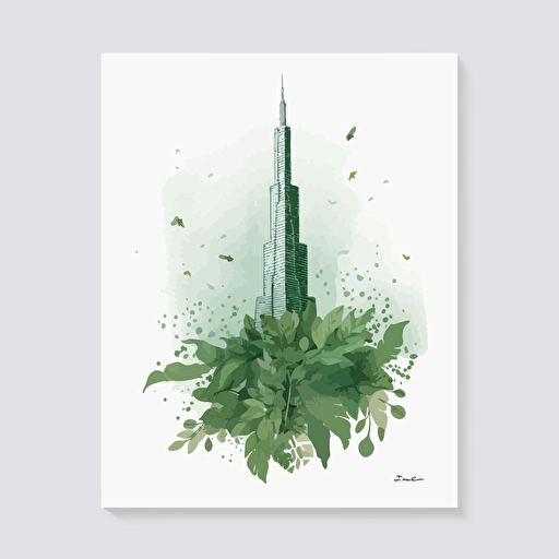 Burj khalifa draped in green hanging leaves, vector art style, pastel colours with green hue