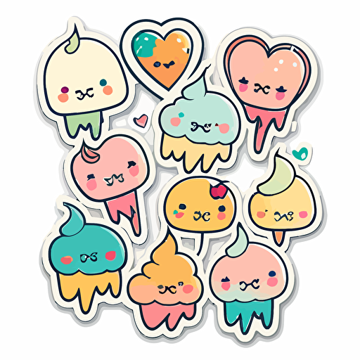 vector, lovely hearts, kawaii, sticker, white background, contour