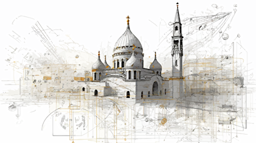 A detailed technical 3-dimensional sketch of only thin arrows of a machine learning model analysis of an image of a Christian religious icon, thousands of arrows, religious buildings in the background, an image consisting of a lot of vectors, a charcoal sketch with white background