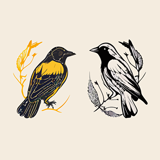 vector line drawing, minimalistic outline logo of bumble bee and black raven bird