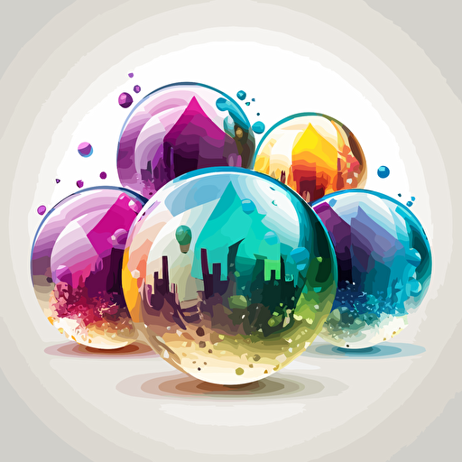 five transparent exploding marbles with a small town inside. Vector styling. Very colored. White background