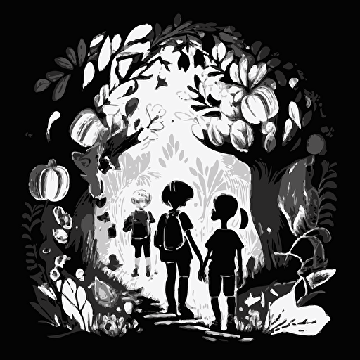 two boys and one girl emerging from the forest. Black and White vector illustration. Cheerful image with magical fruit around