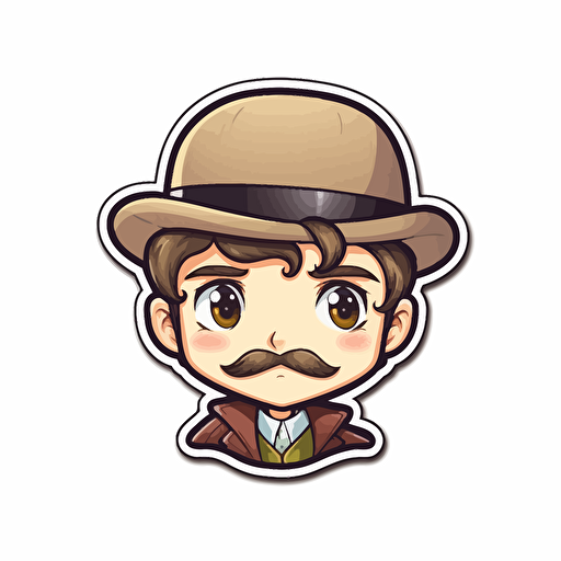 Sticker, Happy Colorful Sherlock Holmes, brown hair, short brown stubble beard, deerstalker, kawaii, contour, vector, white background