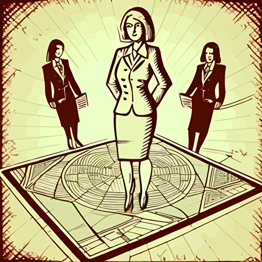 businesswomen at the top in carpet floor, detailed outline vector illustration