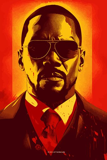 jamie foxx django unchained wearing round red glasses, front view, yellow sun behind him, poster, vector, gritty, detailed, red background,
