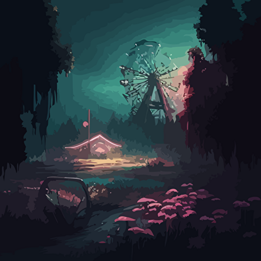 illustrate a detailed scene, Set from vacant woods in the foreground. Surrounded by magical glowing plants, shrubs, trees, dead roses, with a view of a abandoned city, broken carnival rides in the background, broken billboard. Incorporate a gloomy and dreadful vibe to evoke a sense of eerieness and wonder. Use a digital painting style reminiscent of Thomas Kinkade and James Gurneya illustration, drawing, flat illustration, vector style