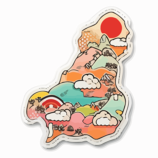 sticker, Japan map, kawaii, contour, vector, vibrant colours, white background