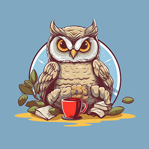 happy relax owl reading a book, a coffee cup beside the owl, vector, illustration for sticker, illustrator, vector art illustration style, grey background, high resolution,