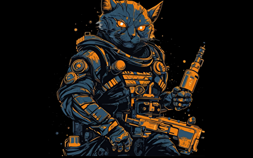 diagrammatic vector of one anthromoporphic cat dressed in sci-fi cyberpunk with a weapon on back and beer bottle in hand