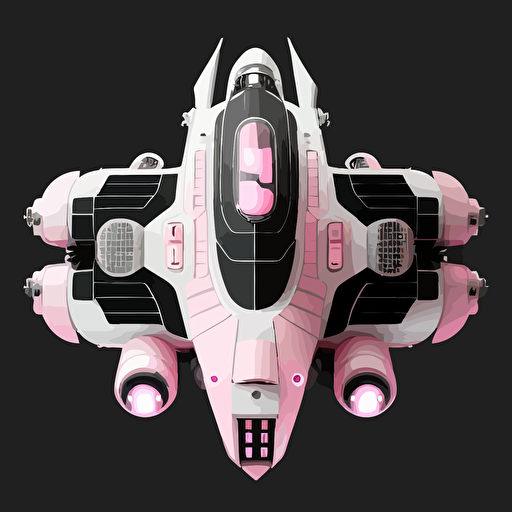 Pink and white space ship on black background, top-down view, clean, simple, no shadows, vector