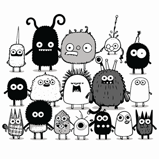set of fluffy and funny monsters, simple outline and shapes, coloring page, black and white comic book, flat vector, white background
