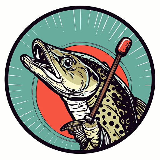 pike with a cap, holding a fishing rod, circle, pop art, Comic vector illustration style