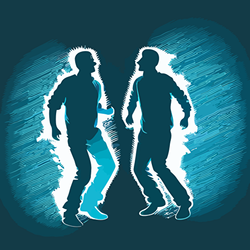 2 man, Rousing, Late Night, light blue color, blue background, simple design, vector style, white outline over silhouette